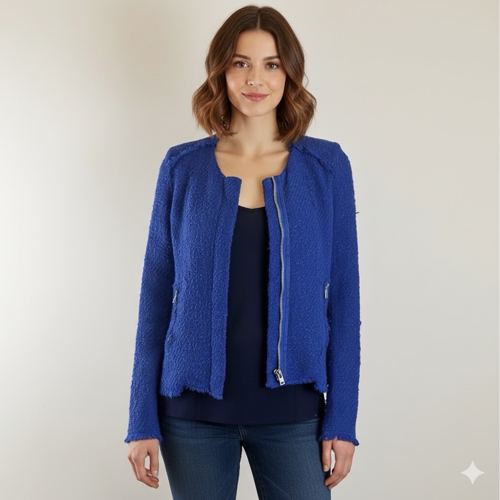 Iro Agnetay Royal Blue Tweed Boucle Cropped Zipper Jacket, Frayed Edge Detail, 2